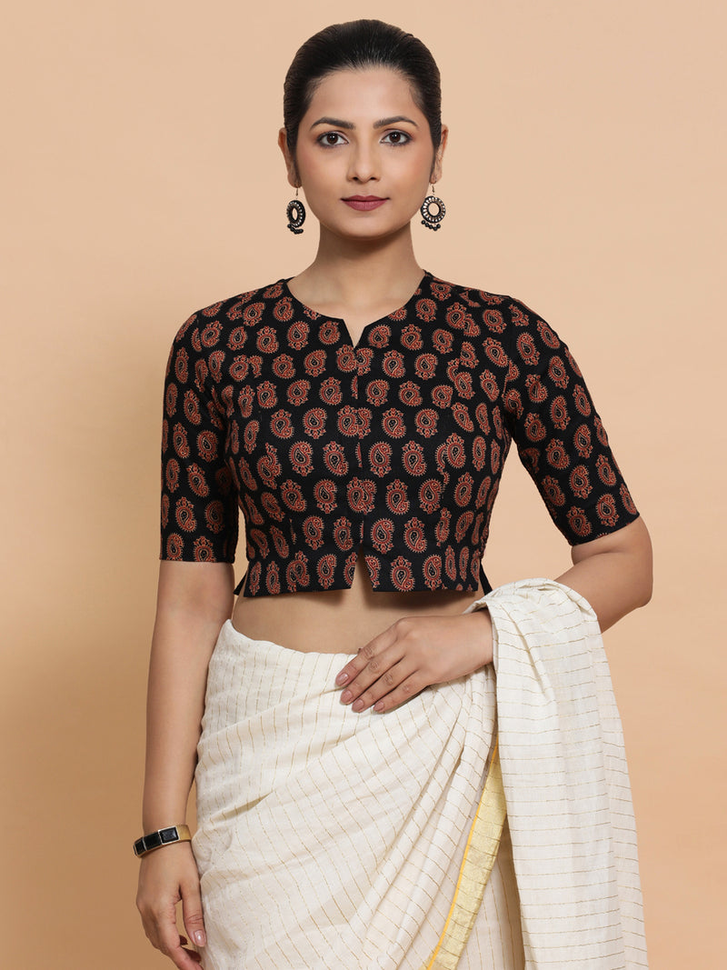 Mishti x Rozaana | Saree Blouse in Black Mango Block Print Fabric-Binks