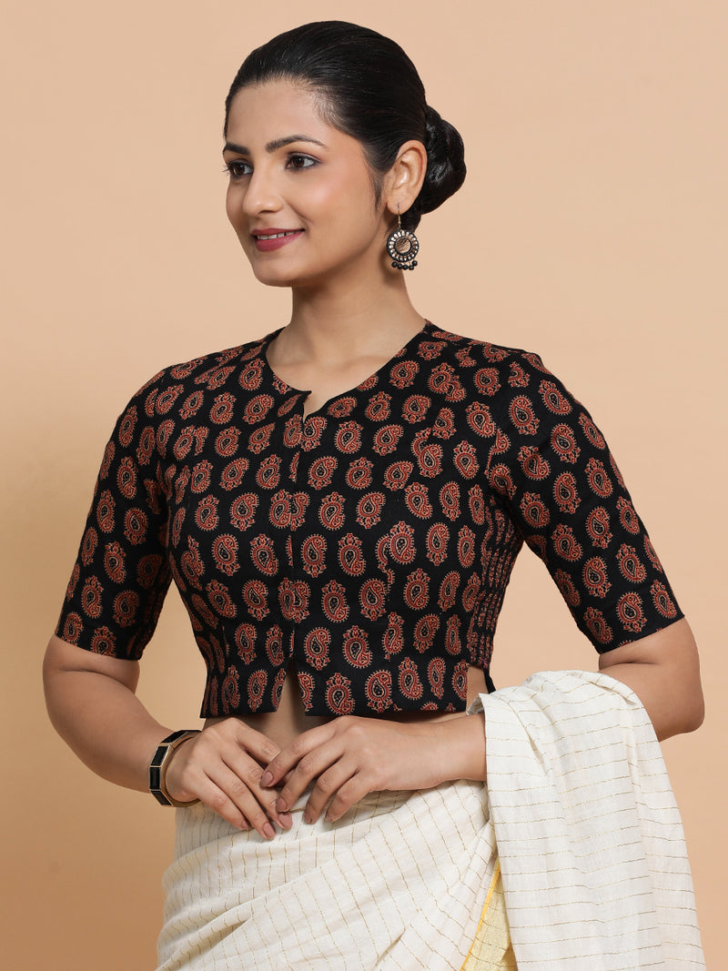 Mishti x Rozaana | Saree Blouse in Black Mango Block Print Fabric-Binks