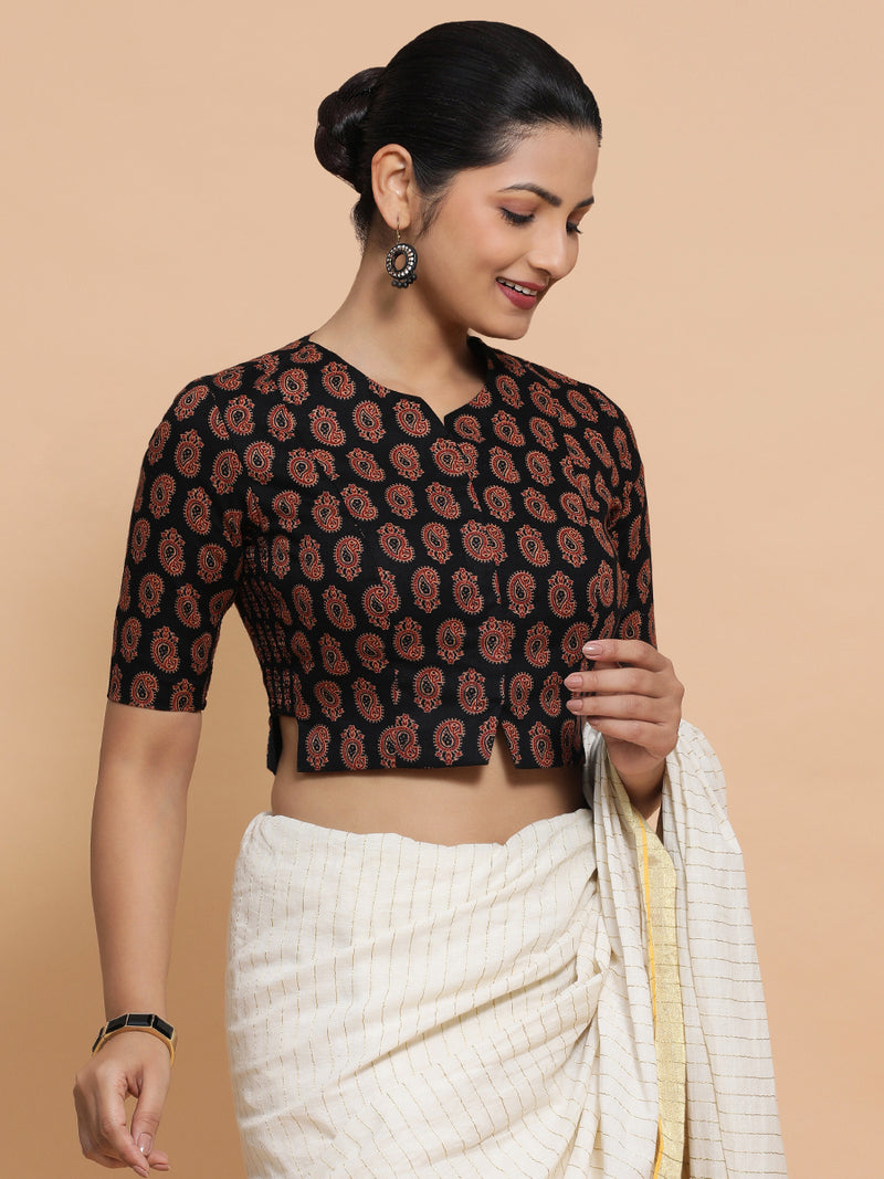 Mishti x Rozaana | Saree Blouse in Black Mango Block Print Fabric-Binks
