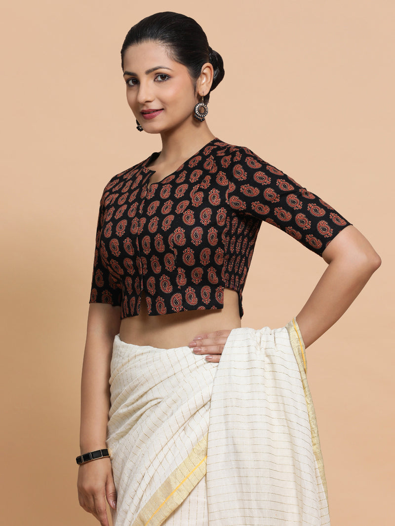 Mishti x Rozaana | Saree Blouse in Black Mango Block Print Fabric-Binks