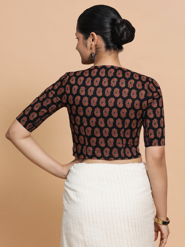 Mishti x Rozaana Saree Blouse, in Black Cotton, featuring elbow sleeves and round neckline, made for daily & work (view 2).