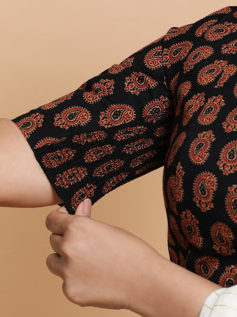 Mishti x Rozaana | Saree Blouse in Black Mango Block Print Fabric-Binks