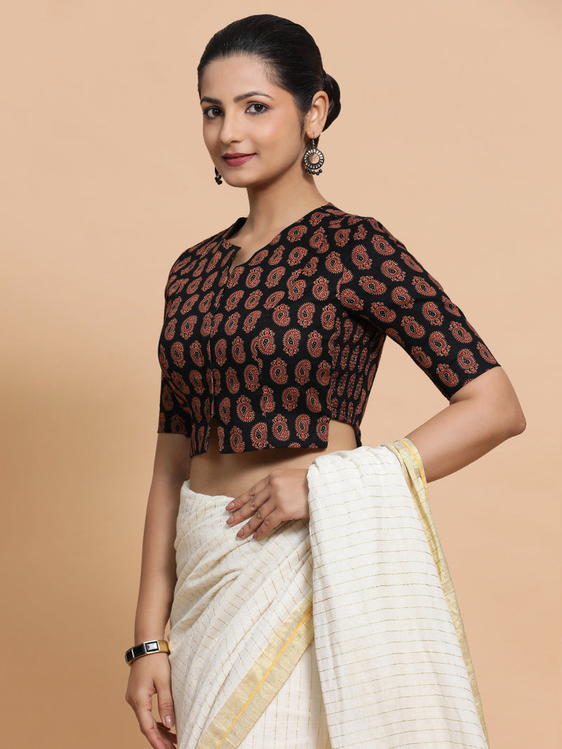 Mishti x Rozaana | Saree Blouse in Black Mango Block Print Fabric-Binks