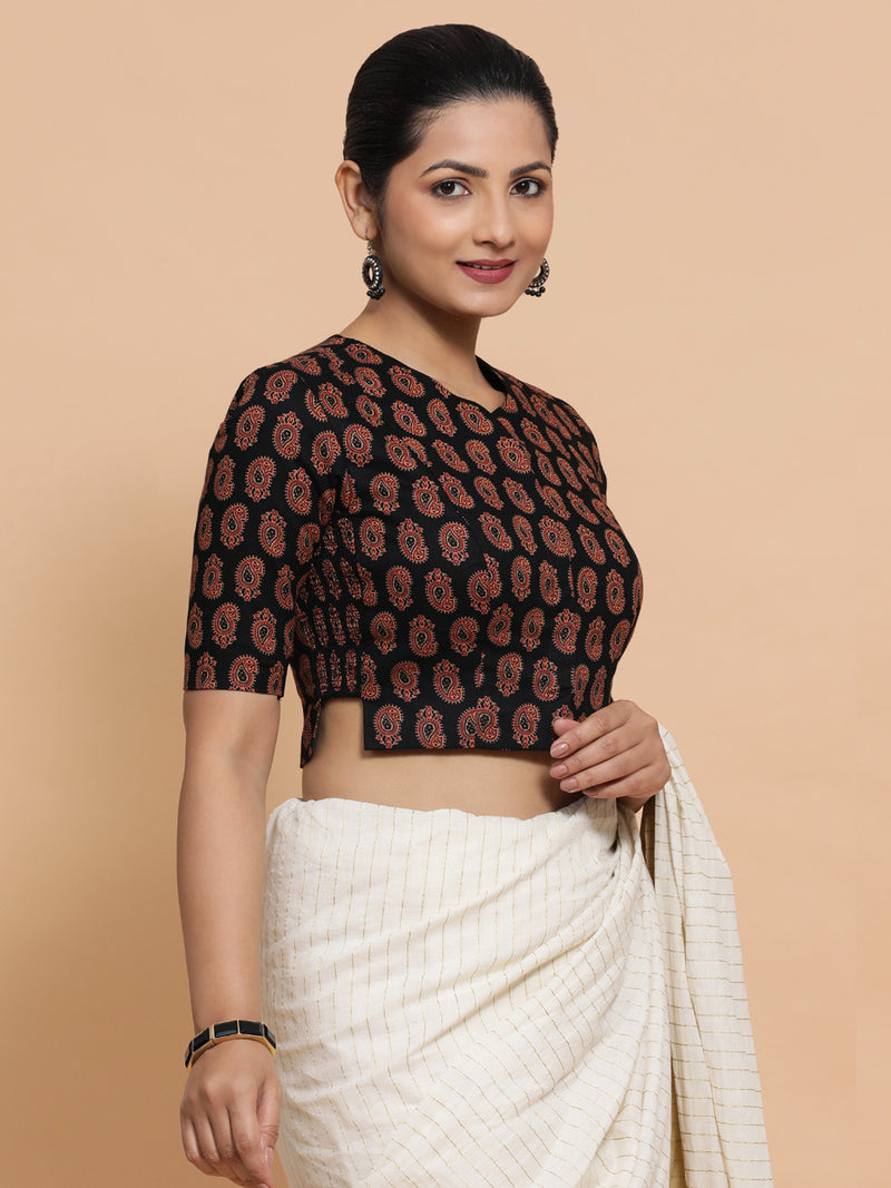 Mishti x Rozaana | Saree Blouse in Black Mango Block Print Fabric-Binks