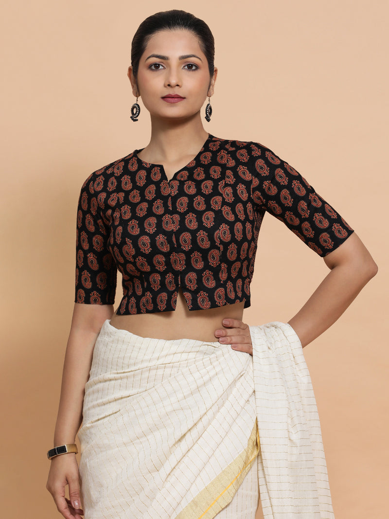 Mishti x Rozaana | Saree Blouse in Black Mango Block Print Fabric-Binks