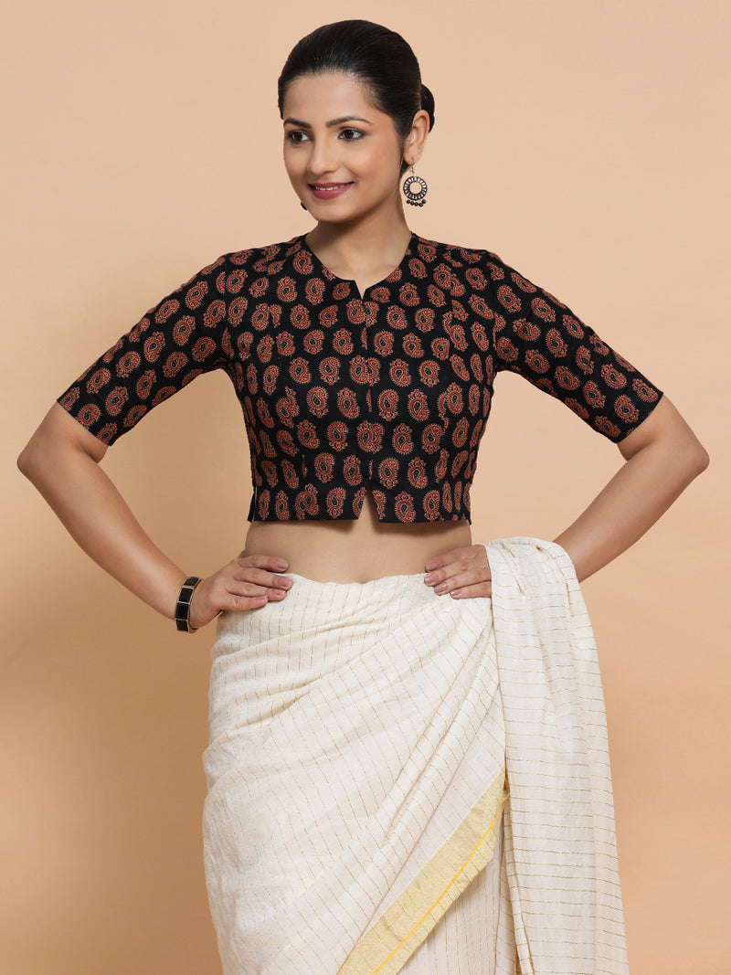 Mishti x Rozaana | Saree Blouse in Black Mango Block Print Fabric-Binks