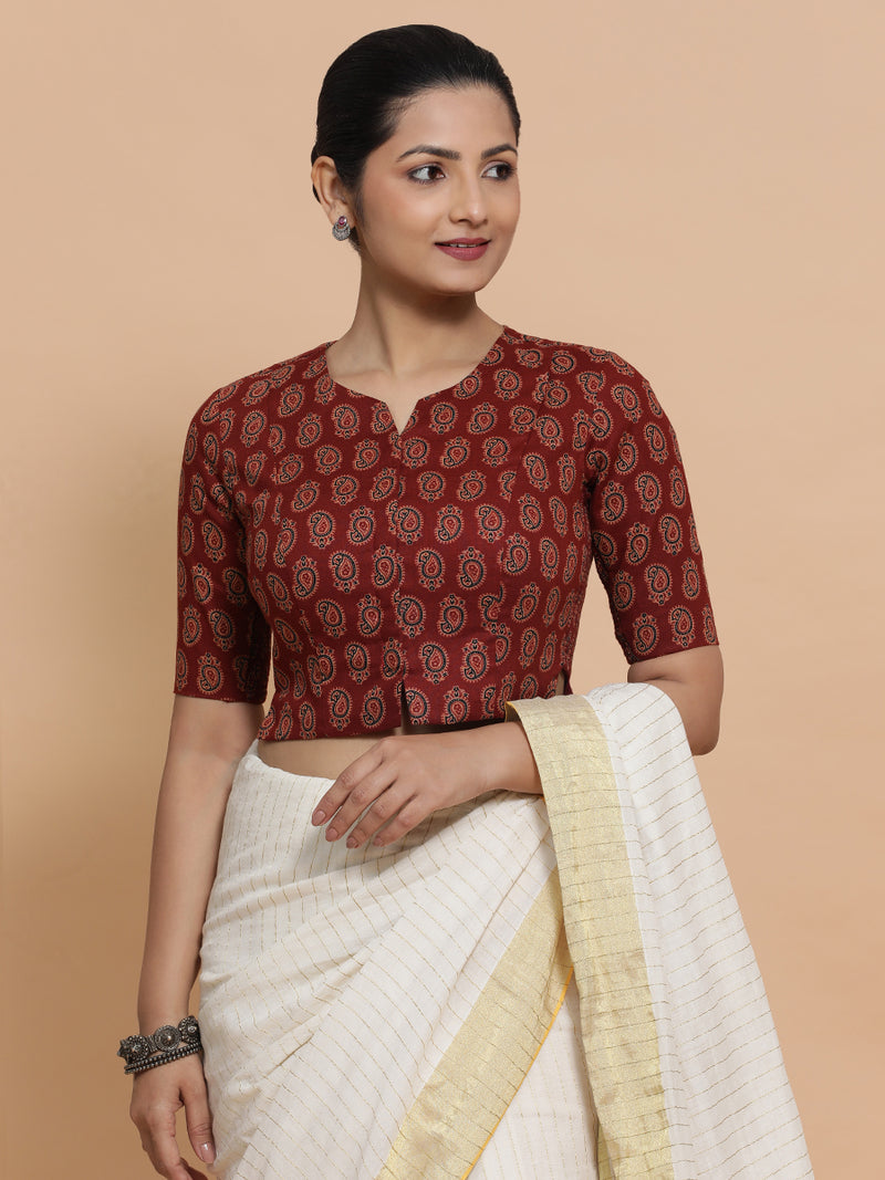 Mishti x Rozaana | Saree Blouse in Red Mango Block Print Fabric-Binks