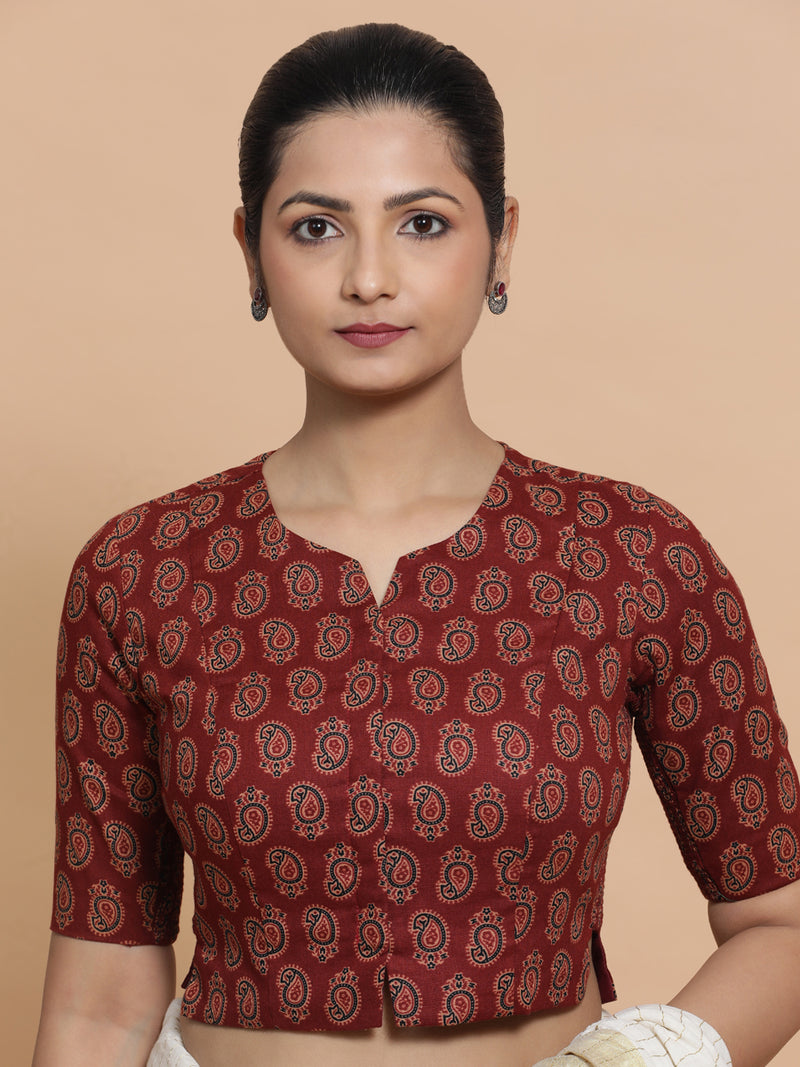 Mishti x Rozaana | Saree Blouse in Red Mango Block Print Fabric-Binks