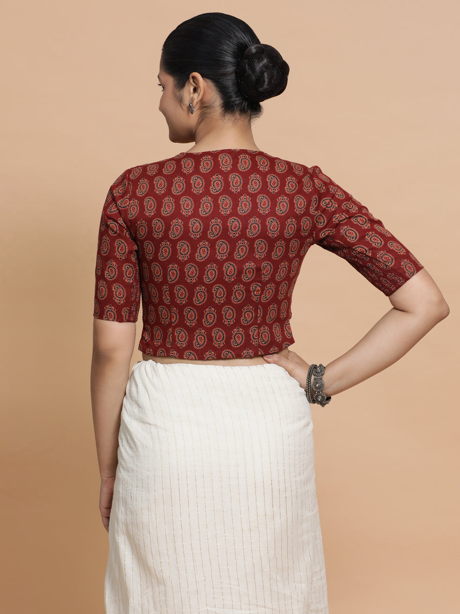 Mishti x Rozaana Saree Blouse, in Red Cotton, featuring elbow sleeves and round neckline, made for daily & work (view 2).