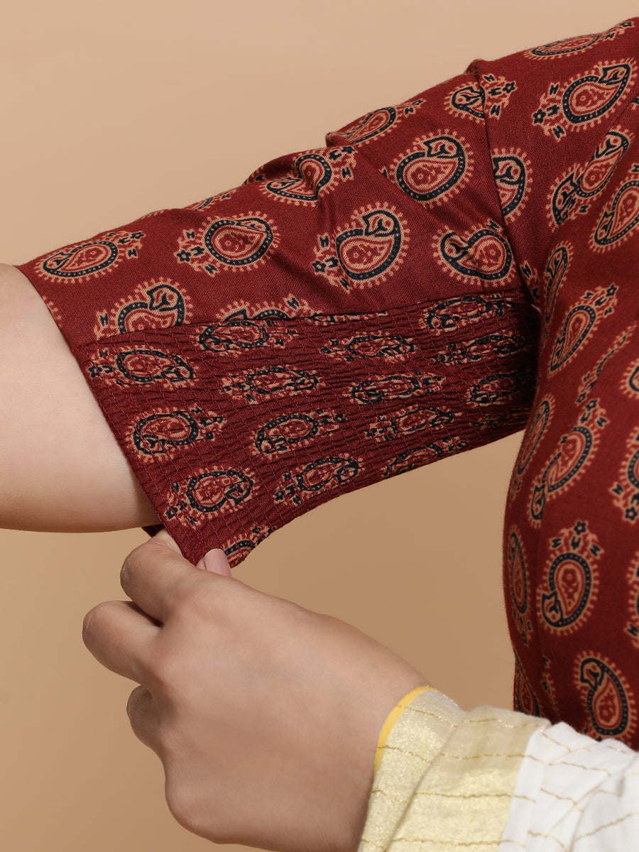 Mishti x Rozaana Saree Blouse, in Red Cotton, featuring elbow sleeves and round neckline, made for daily & work (view 3).