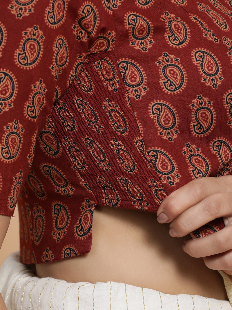 Mishti x Rozaana | Saree Blouse in Red Mango Block Print Fabric-Binks