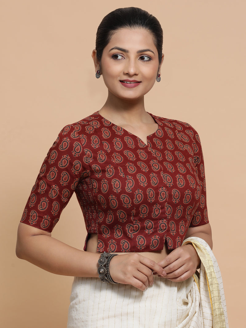 Mishti x Rozaana | Saree Blouse in Red Mango Block Print Fabric-Binks