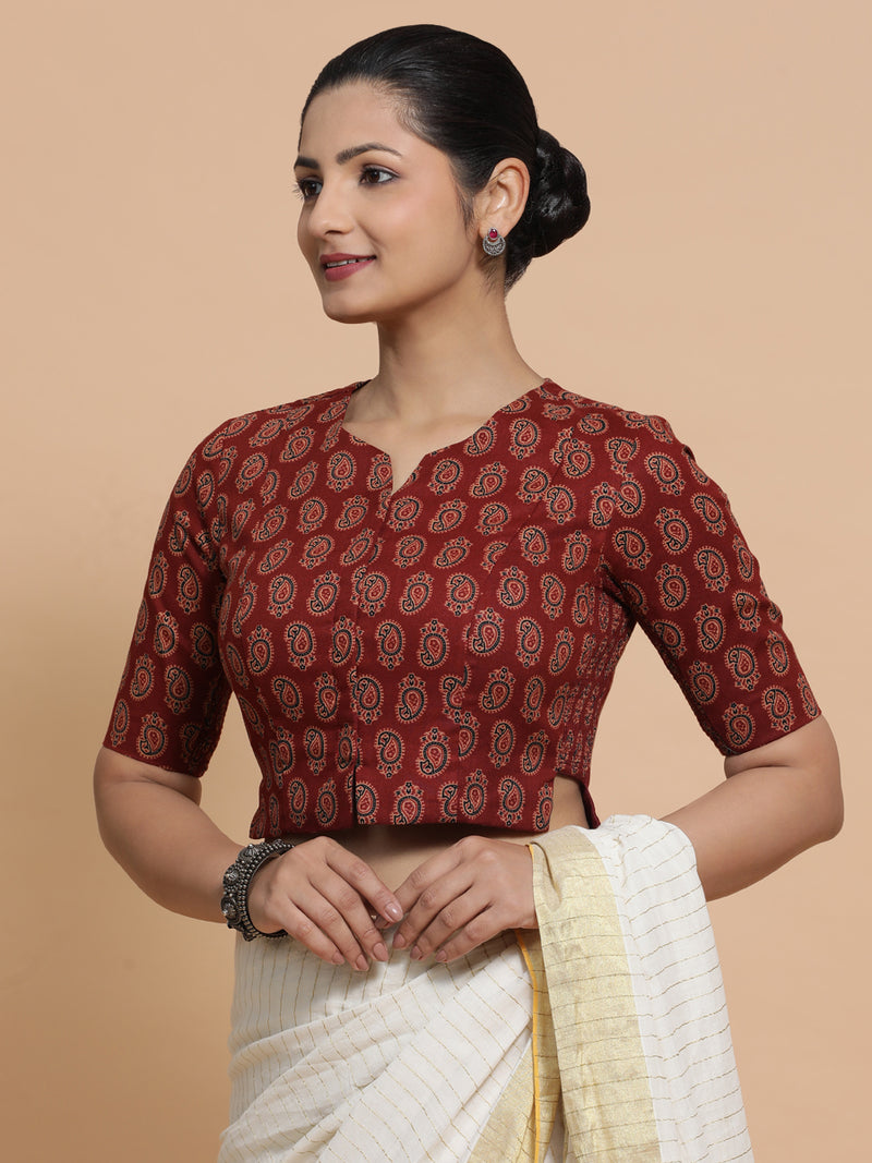 Mishti x Rozaana | Saree Blouse in Red Mango Block Print Fabric-Binks