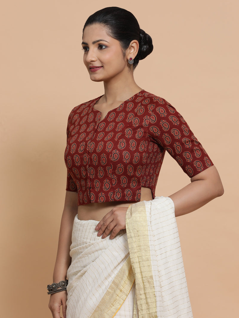 Mishti x Rozaana | Saree Blouse in Red Mango Block Print Fabric-Binks
