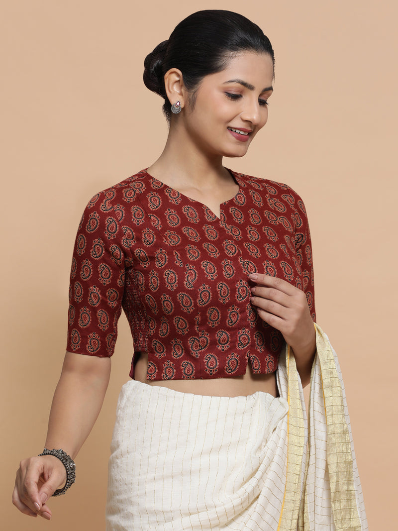 Mishti x Rozaana | Saree Blouse in Red Mango Block Print Fabric-Binks