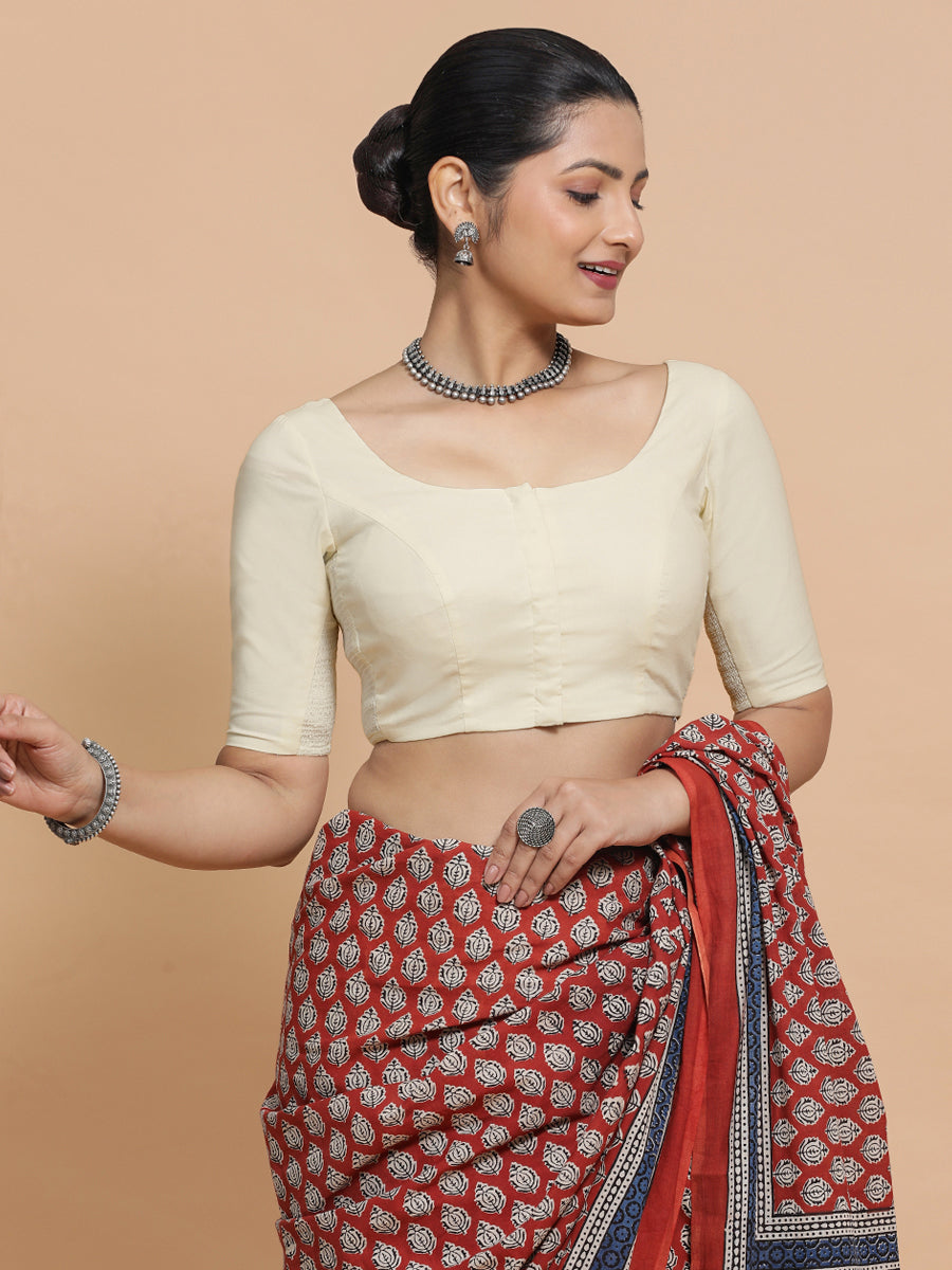 Mithali x Rozaana Saree Blouse, in White Linen, featuring elbow sleeves and round neckline, made for daily & work (view 5).