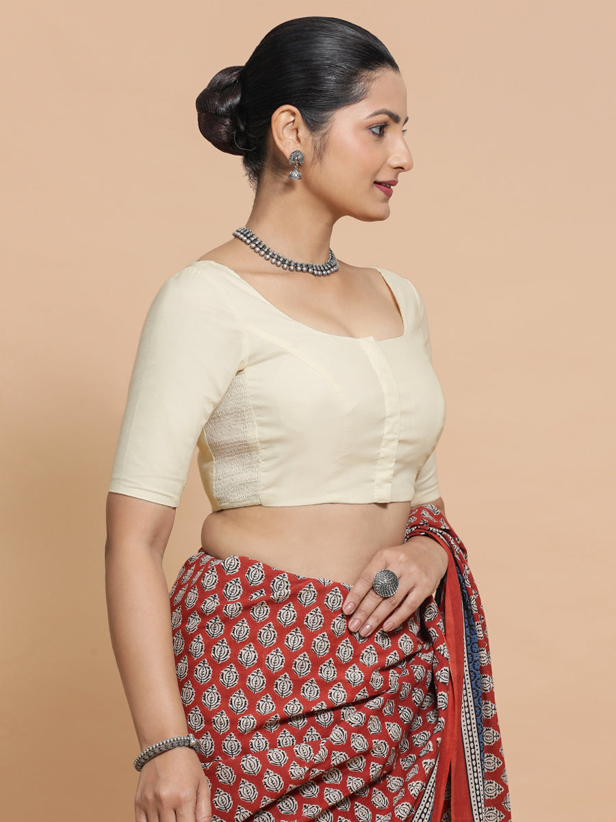 Mithali x Rozaana Saree Blouse, in White Linen, featuring elbow sleeves and round neckline, made for daily & work (view 8).