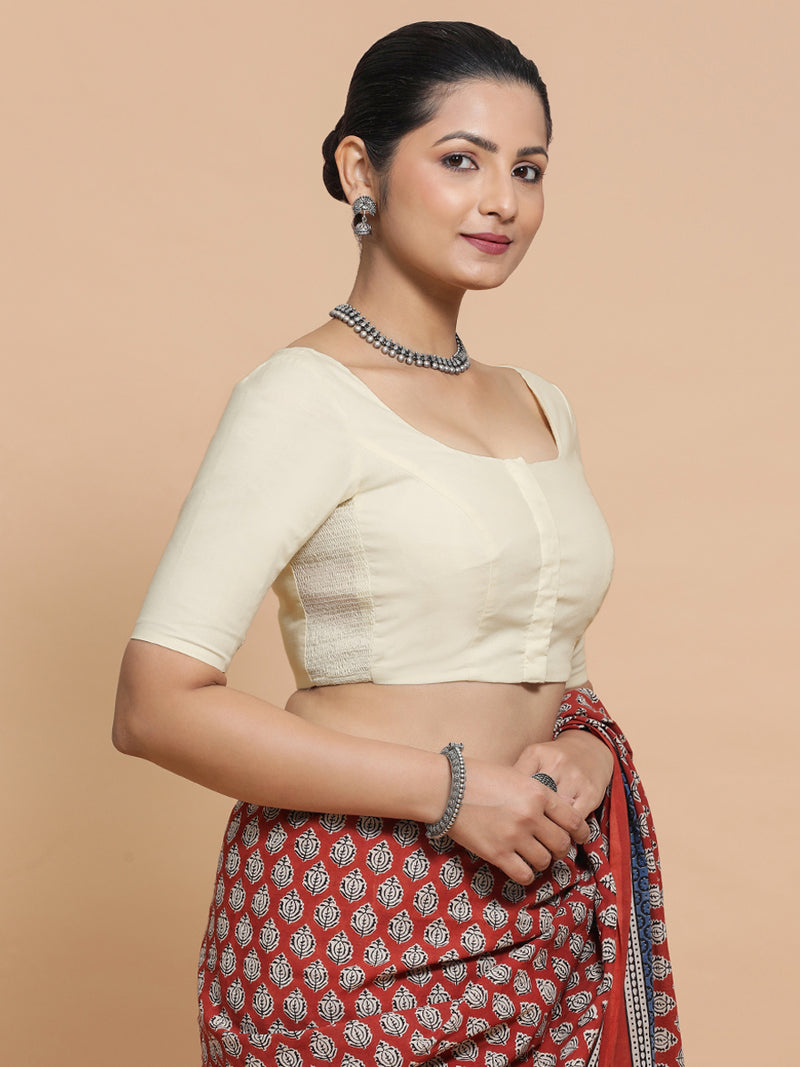 Mithali x Rozaana | Elbow Sleeves Saree Blouse in Chalk White Linen-Binks