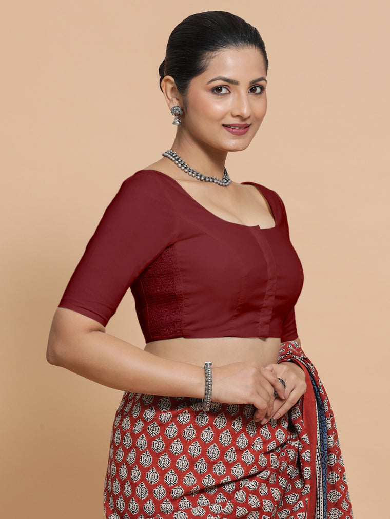 Mithali x Rozaana Saree Blouse, in Red Linen, featuring elbow sleeves and round neckline, made for daily & work.