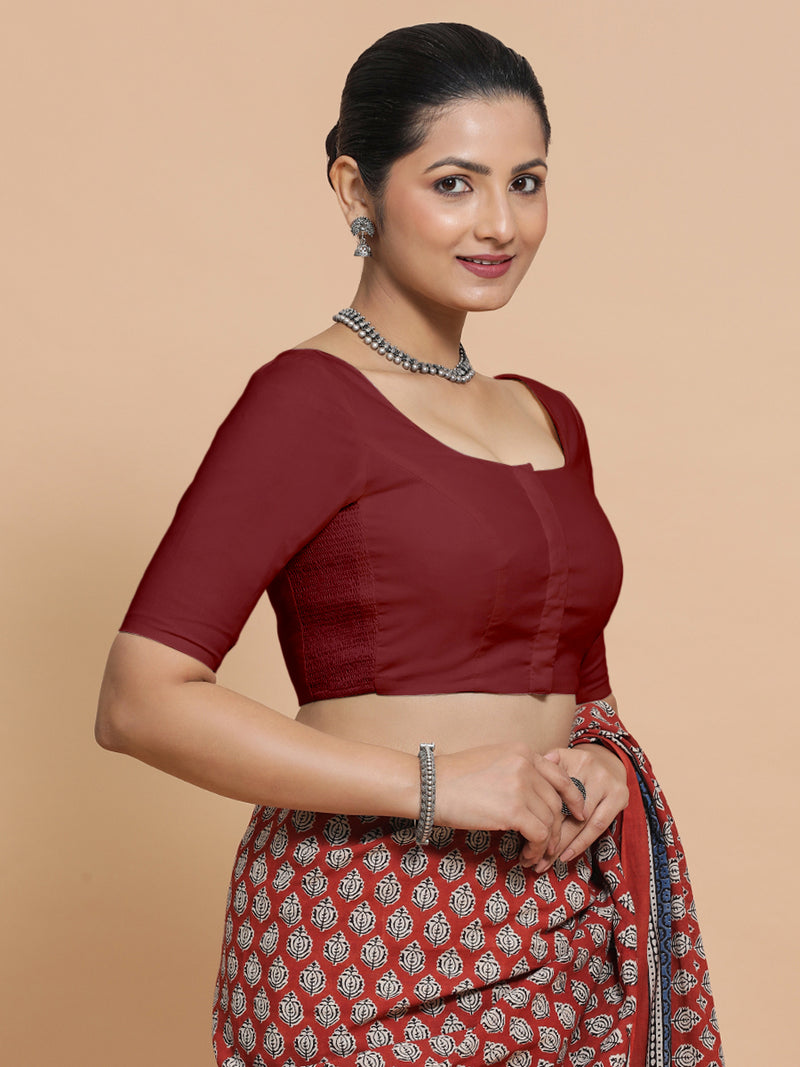 Mithali x Rozaana | Elbow Sleeves Saree Blouse in Cranberry Red Linen-Binks
