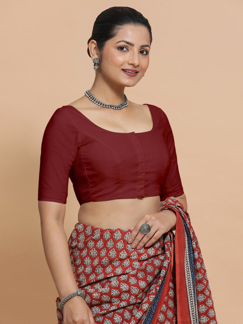 Mithali x Rozaana | Elbow Sleeves Saree Blouse in Cranberry Red Linen-Binks