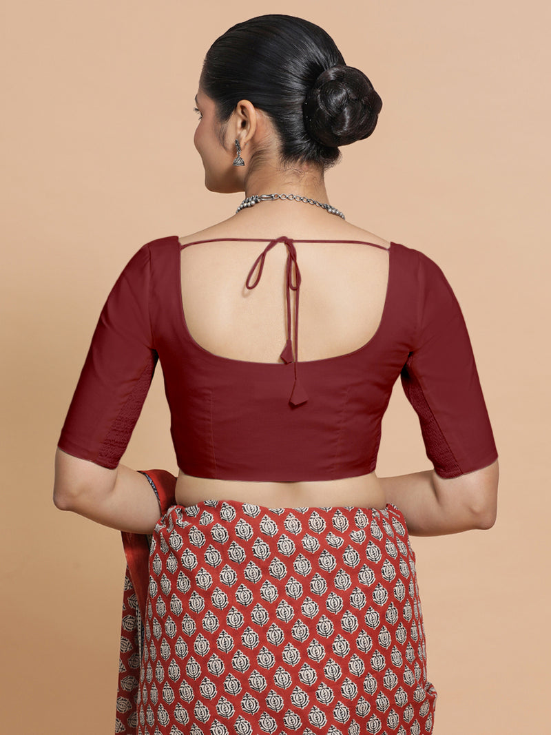 Mithali x Rozaana | Elbow Sleeves Saree Blouse in Cranberry Red Linen-Binks