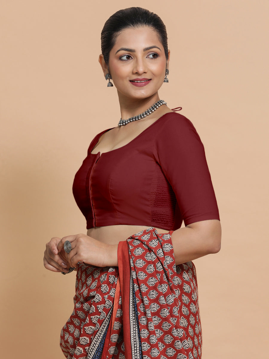Mithali x Rozaana Saree Blouse, in Red Linen, featuring elbow sleeves and round neckline, made for daily & work (view 5).