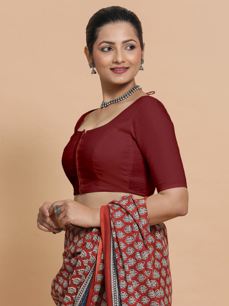 Mithali x Rozaana | Elbow Sleeves Saree Blouse in Cranberry Red Linen-Binks