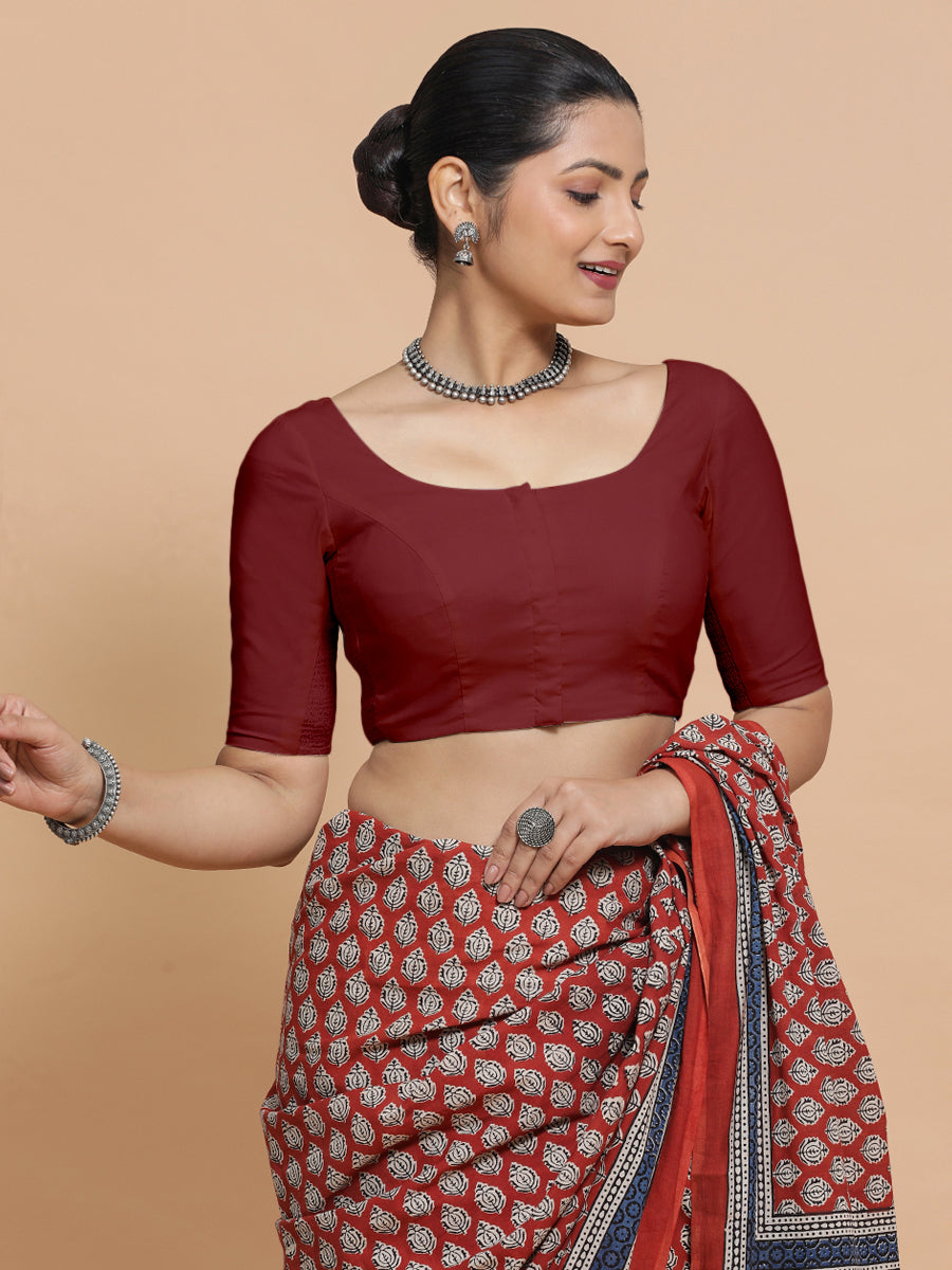 Mithali x Rozaana Saree Blouse, in Red Linen, featuring elbow sleeves and round neckline, made for daily & work (view 7).