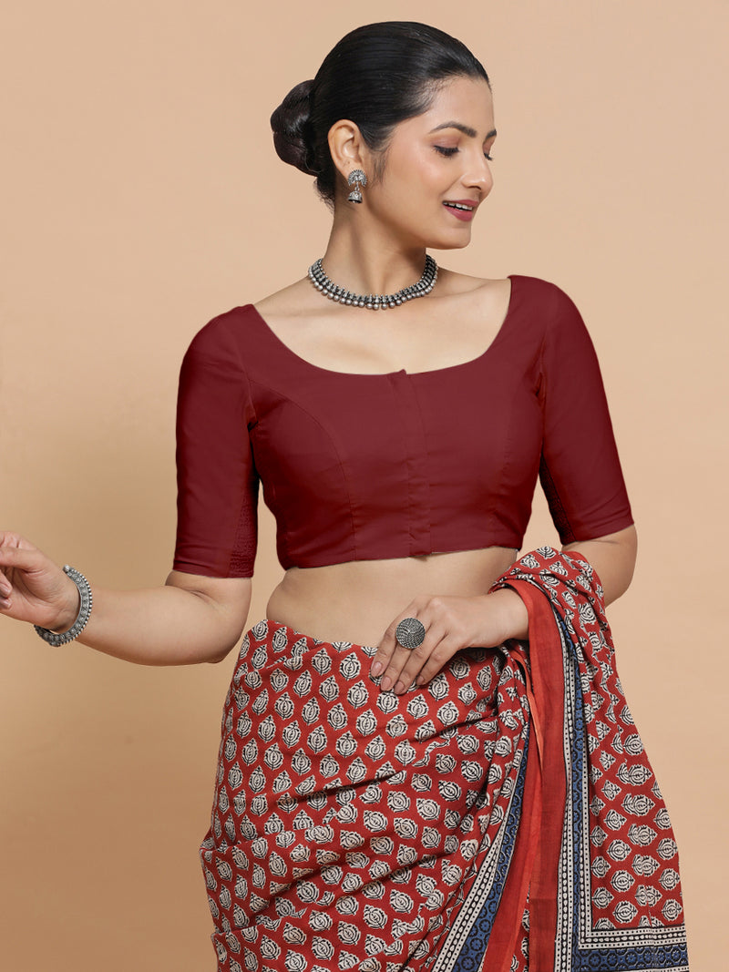 Mithali x Rozaana | Elbow Sleeves Saree Blouse in Cranberry Red Linen-Binks