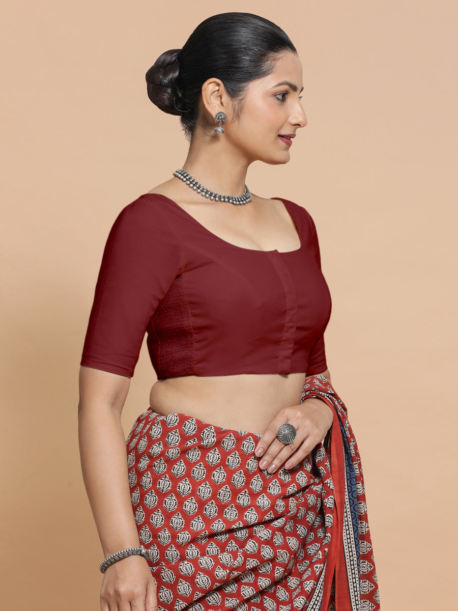 Mithali x Rozaana Saree Blouse, in Red Linen, featuring elbow sleeves and round neckline, made for daily & work (view 8).