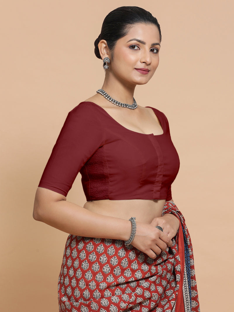 Mithali x Rozaana | Elbow Sleeves Saree Blouse in Cranberry Red Linen-Binks