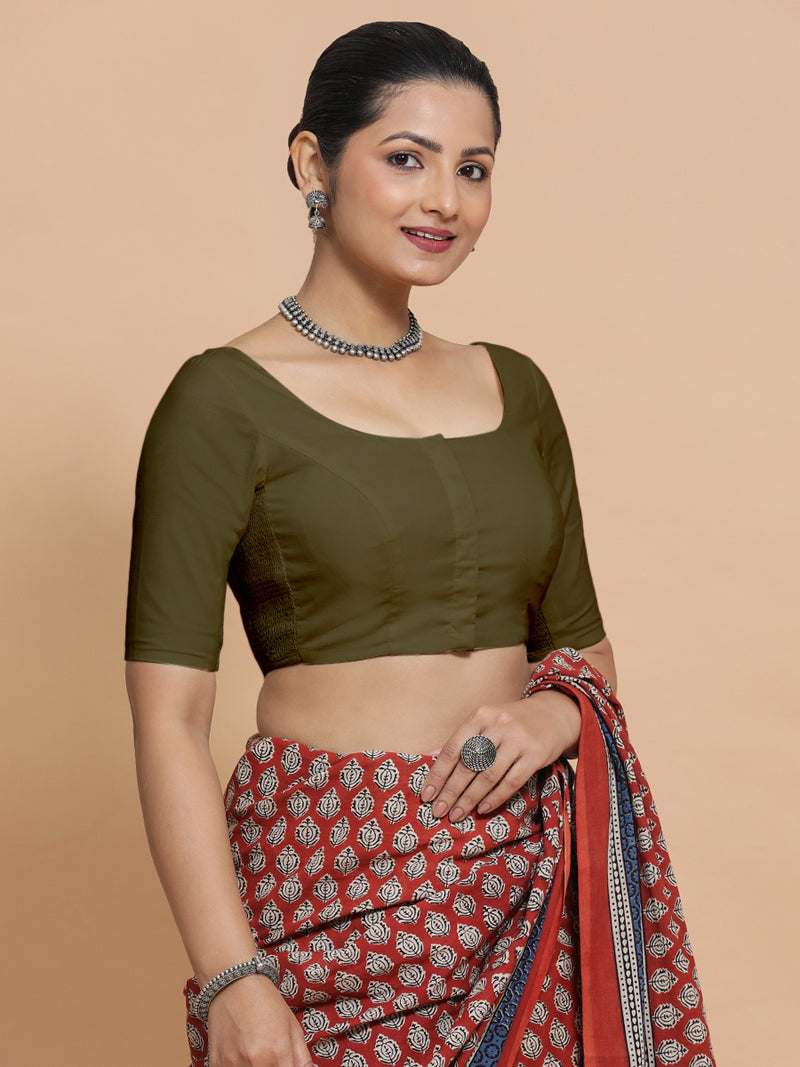 Mithali x Rozaana | Elbow Sleeves Saree Blouse in Deep Olive Green Linen-Binks