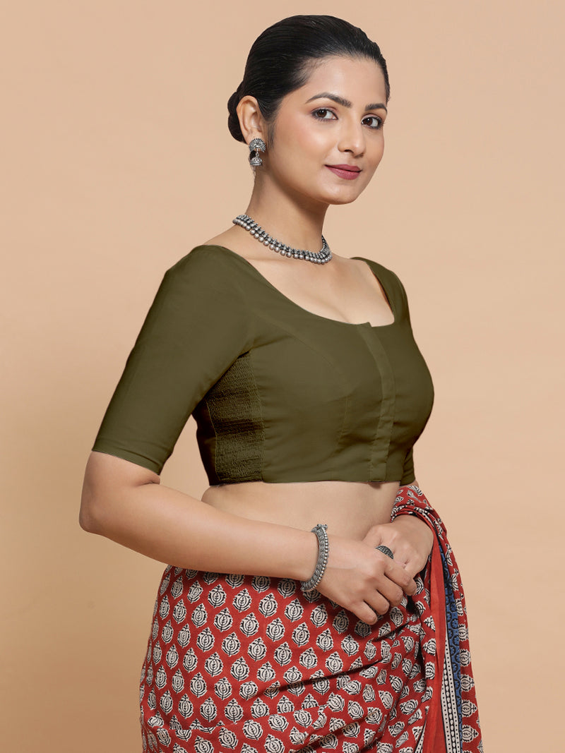 Mithali x Rozaana | Elbow Sleeves Saree Blouse in Deep Olive Green Linen-Binks