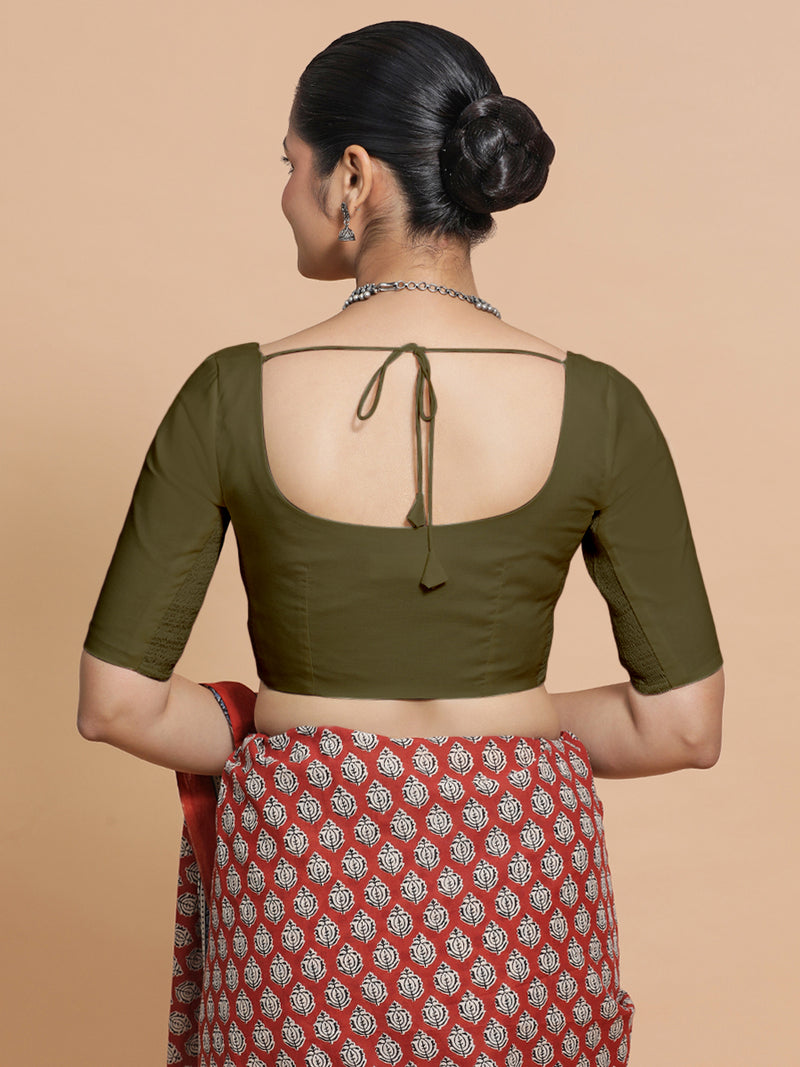 Mithali x Rozaana | Elbow Sleeves Saree Blouse in Deep Olive Green Linen-Binks