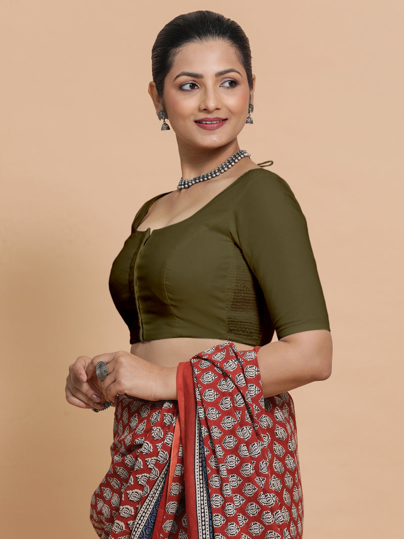 Mithali x Rozaana | Elbow Sleeves Saree Blouse in Deep Olive Green Linen-Binks