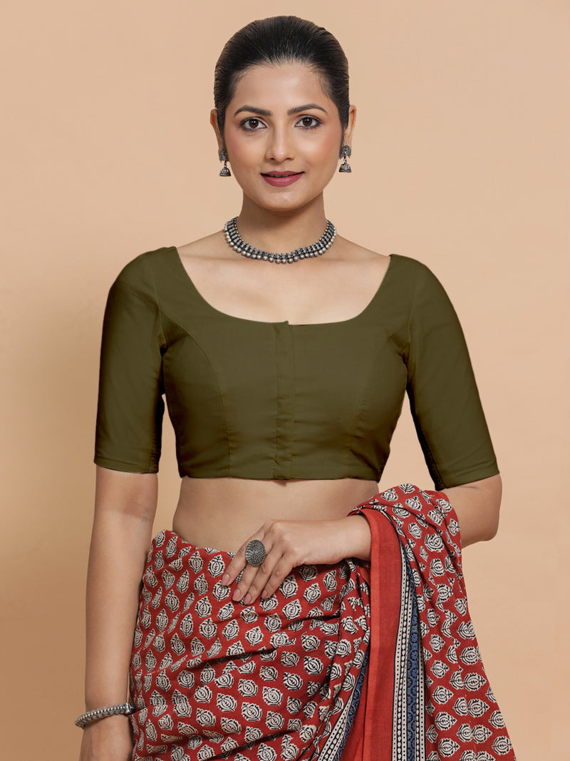 Mithali x Rozaana | Elbow Sleeves Saree Blouse in Deep Olive Green Linen-Binks