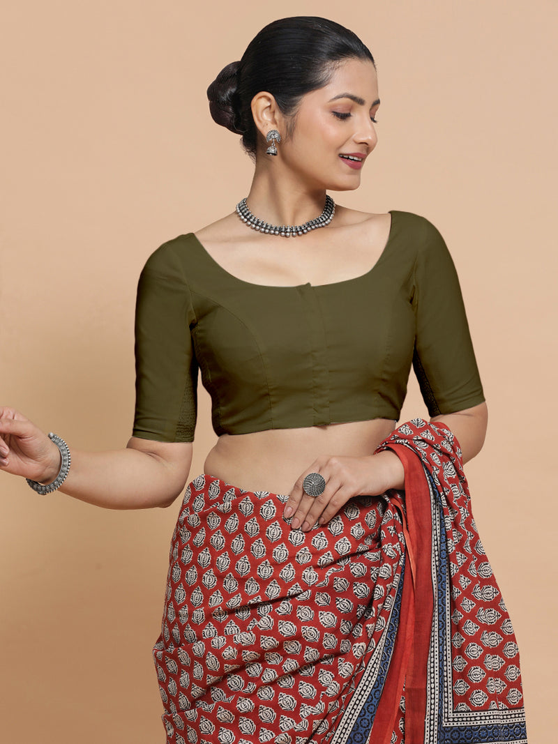 Mithali x Rozaana | Elbow Sleeves Saree Blouse in Deep Olive Green Linen-Binks