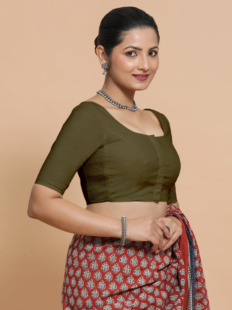 Mithali x Rozaana | Elbow Sleeves Saree Blouse in Deep Olive Green Linen-Binks