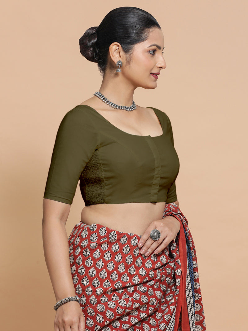 Mithali x Rozaana | Elbow Sleeves Saree Blouse in Deep Olive Green Linen-Binks