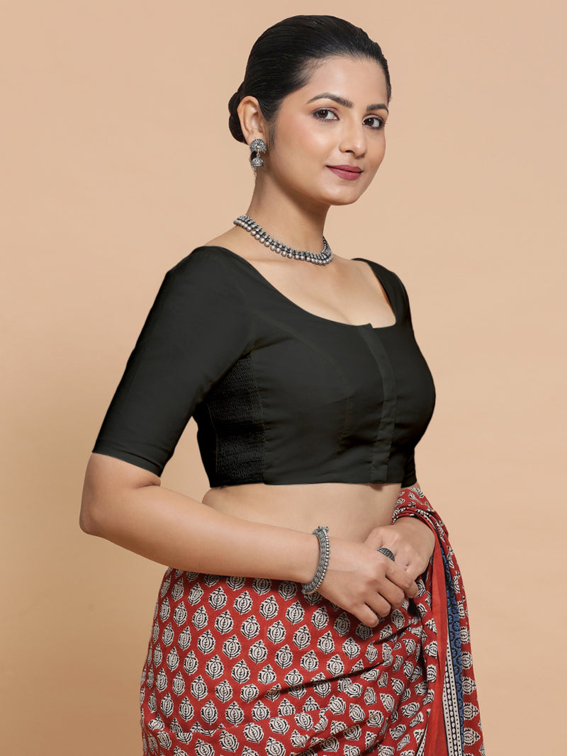 Mithali x Rozaana | Elbow Sleeves Saree Blouse in Ebony Black Linen-Binks
