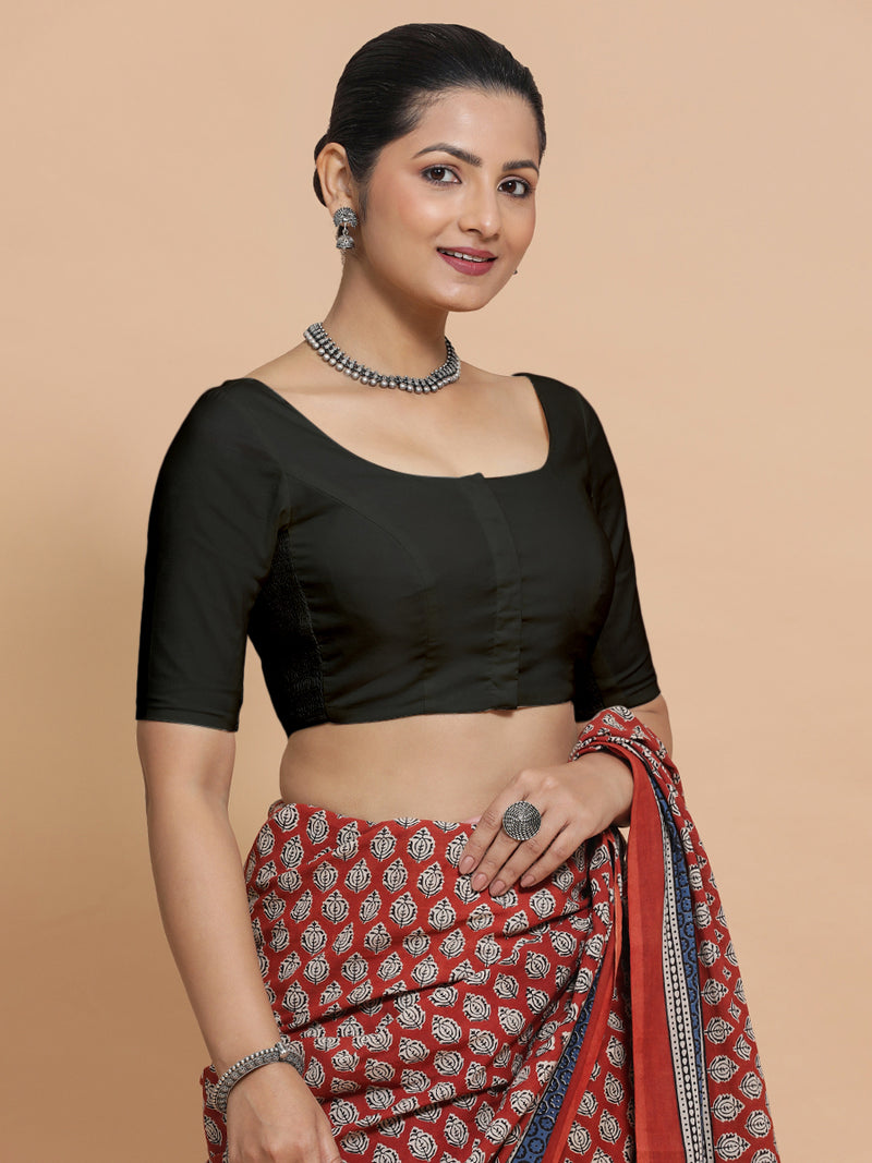 Mithali x Rozaana | Elbow Sleeves Saree Blouse in Ebony Black Linen-Binks