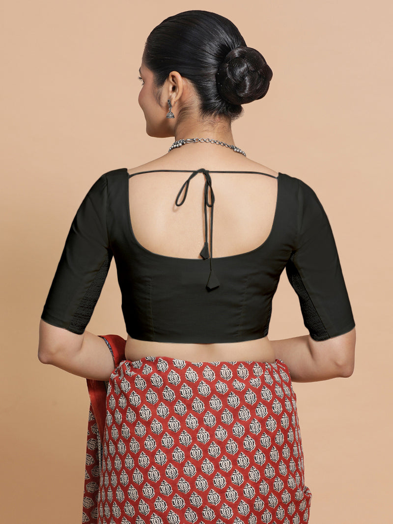 Mithali x Rozaana | Elbow Sleeves Saree Blouse in Ebony Black Linen-Binks