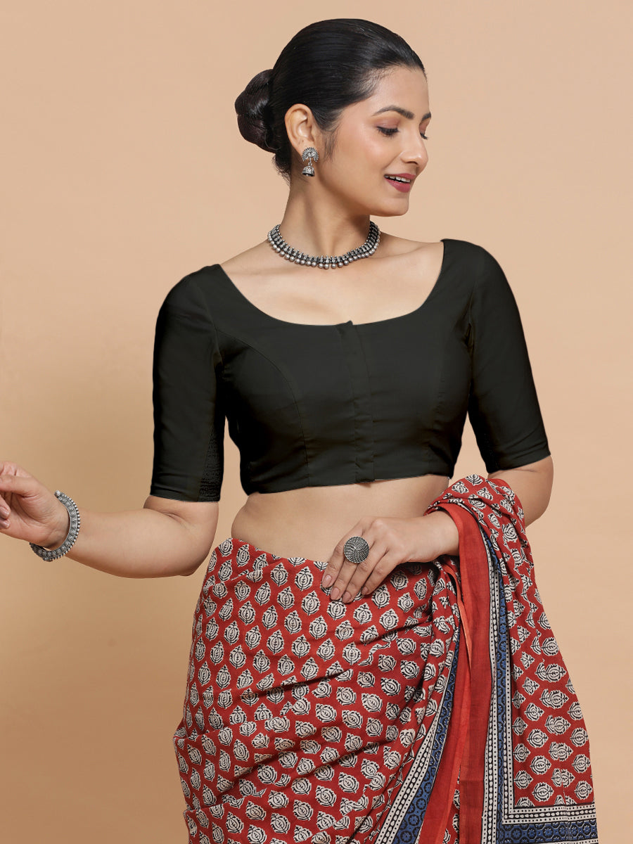 Mithali x Rozaana Saree Blouse, in Black Linen, featuring elbow sleeves and round neckline, made for daily & work (view 7).
