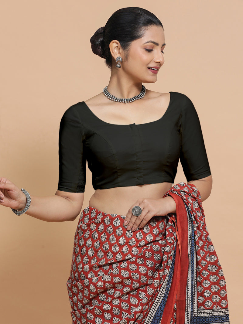 Mithali x Rozaana | Elbow Sleeves Saree Blouse in Ebony Black Linen-Binks