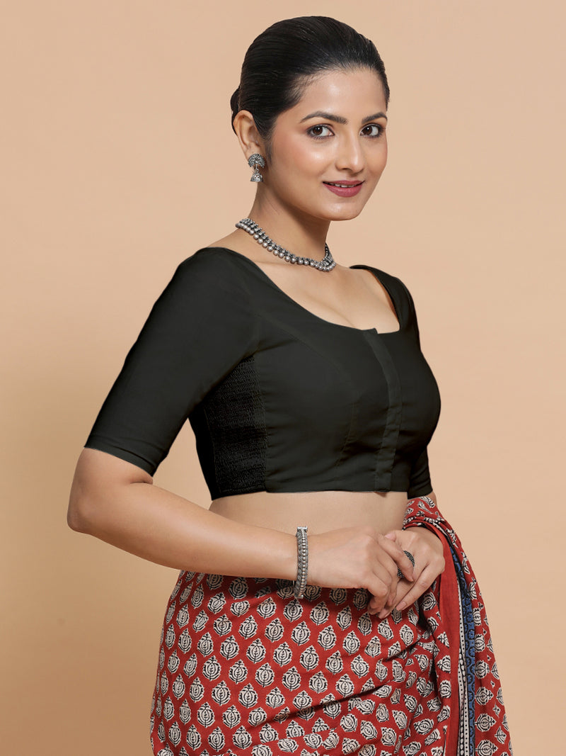 Mithali x Rozaana | Elbow Sleeves Saree Blouse in Ebony Black Linen-Binks