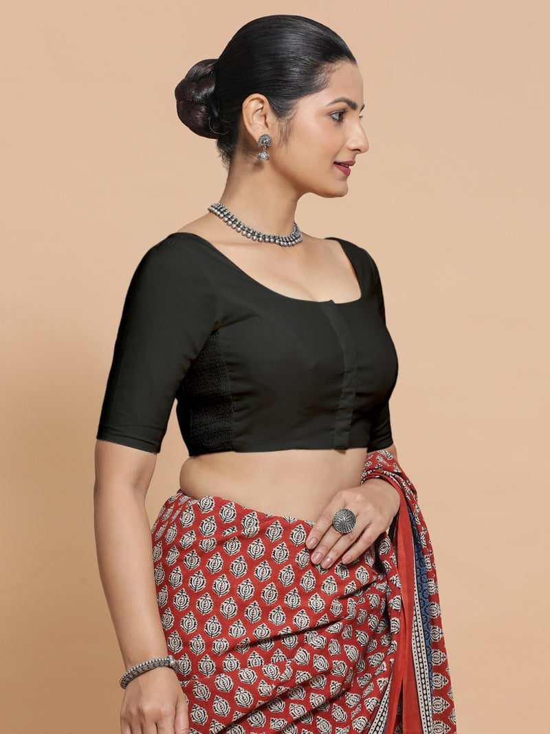 Mithali x Rozaana | Elbow Sleeves Saree Blouse in Ebony Black Linen-Binks