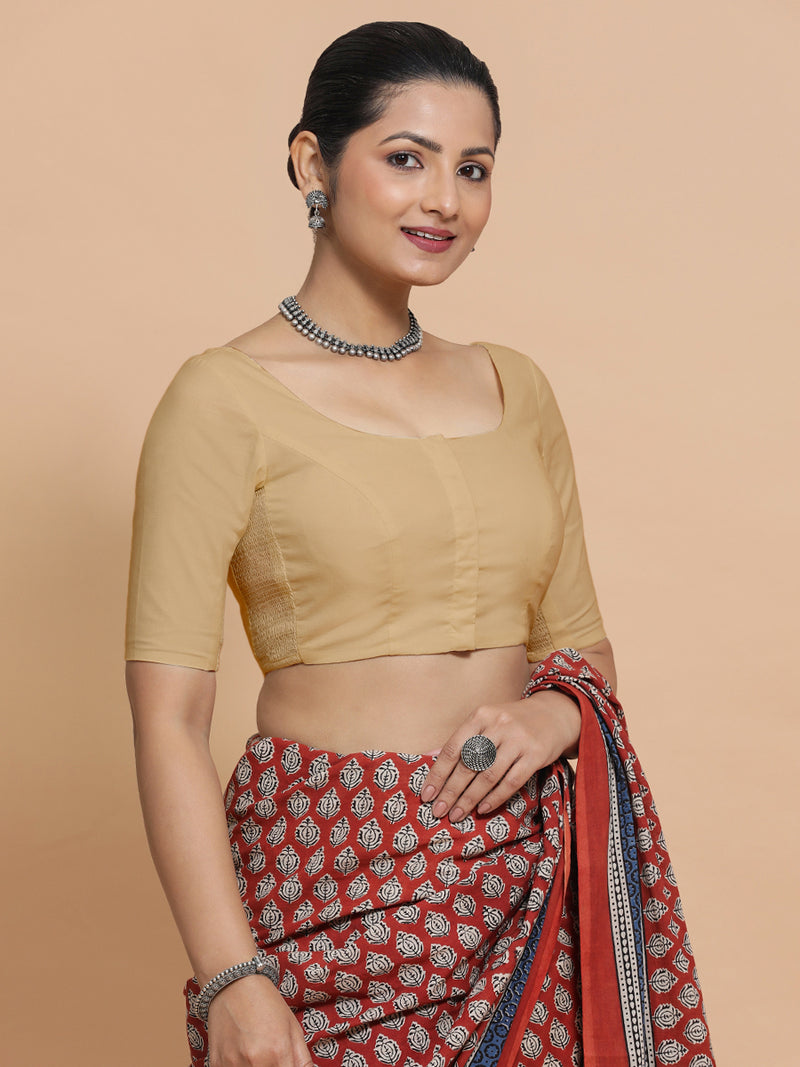 Mithali x Rozaana | Elbow Sleeves Saree Blouse in Ecru Beige Linen-Binks