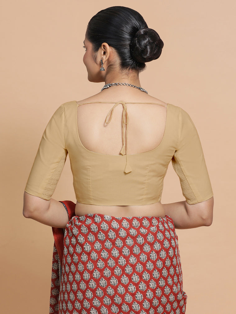Mithali x Rozaana Saree Blouse, in Beige Linen, featuring elbow sleeves and round neckline, made for daily & work (view 2).
