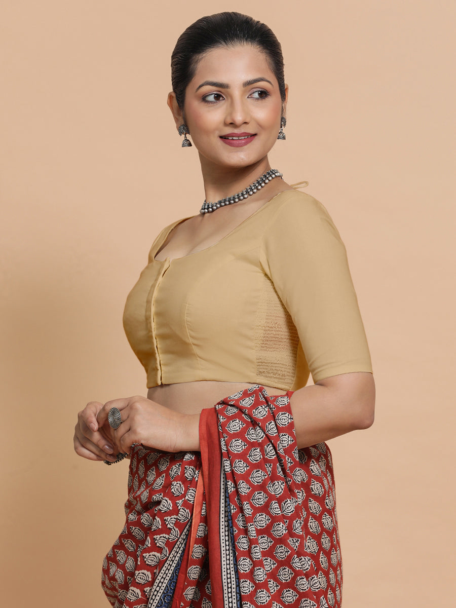 Mithali x Rozaana Saree Blouse, in Beige Linen, featuring elbow sleeves and round neckline, made for daily & work (view 5).